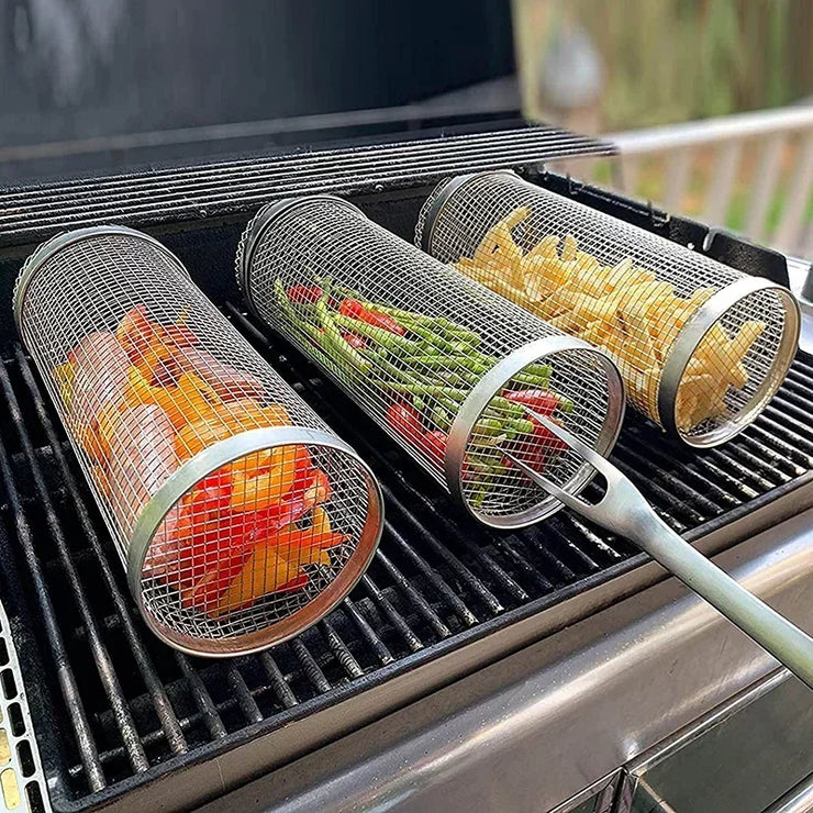 Round BBQ Basket Stainless Steel Rolling Grilling Basket Wire Mesh Cylinder Grill Basket Portable Outdoor Camping Barbecue Rack