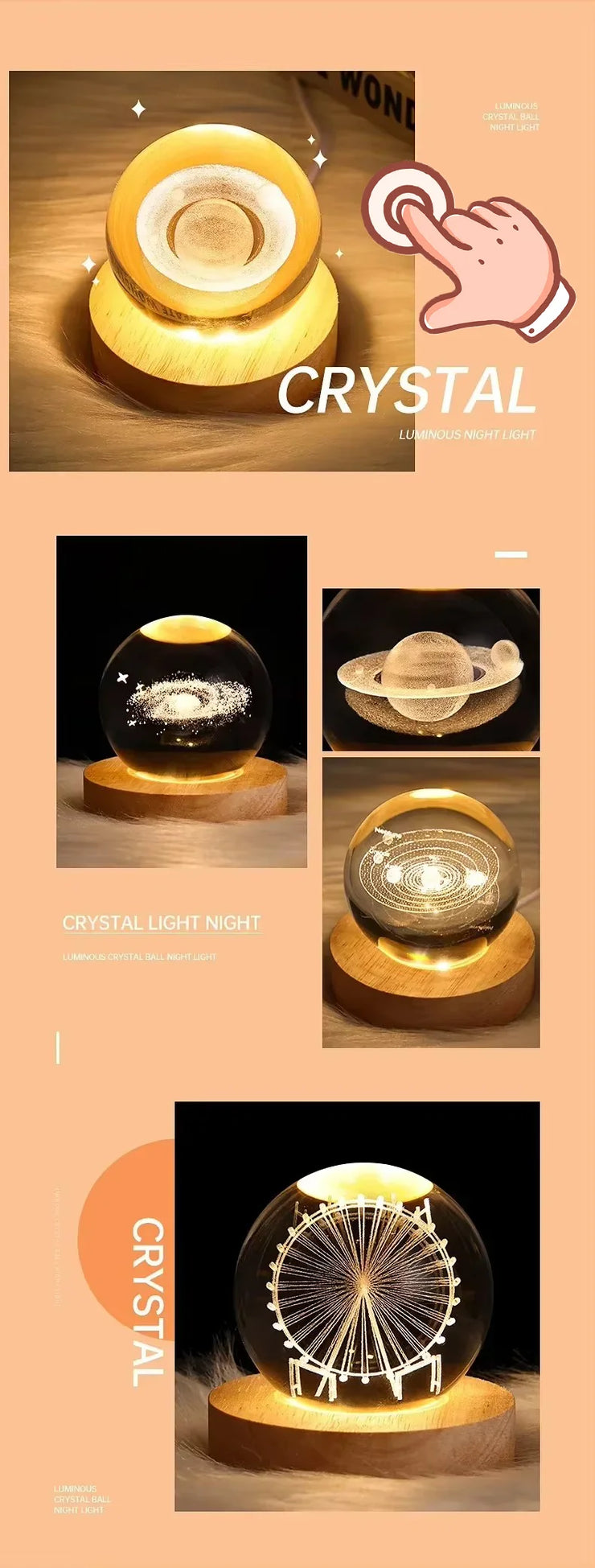 USB LED night light, Galaxy Crystal Ball lamp, 3D planet moon lamp, home decoration