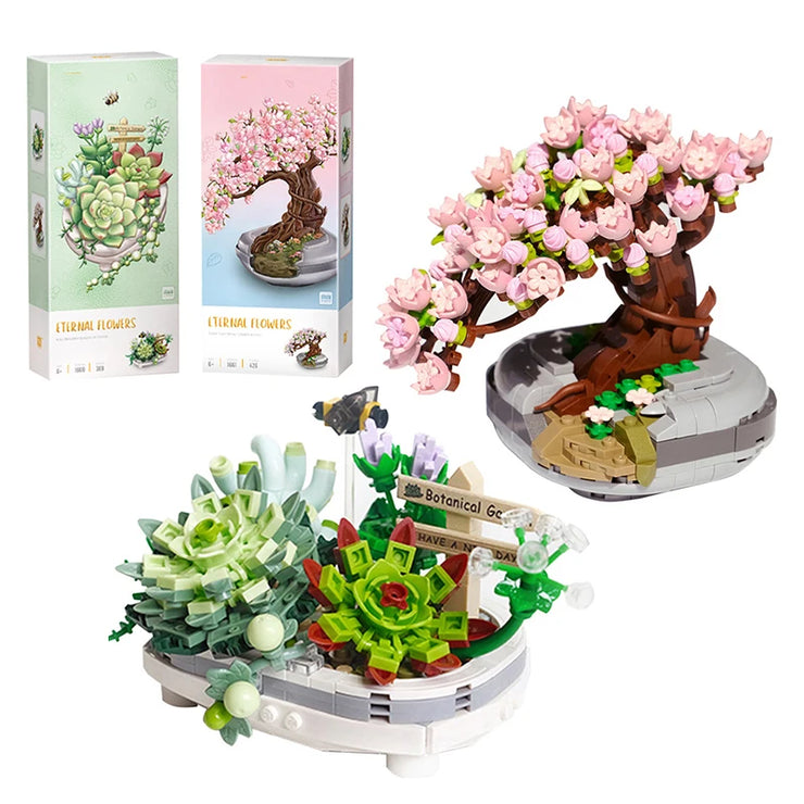 Mini Building Blocks Bouquet Cherry Blossom Succulent Potted Model Decoration DIY Assembled Flower Block Children's Toy Gift