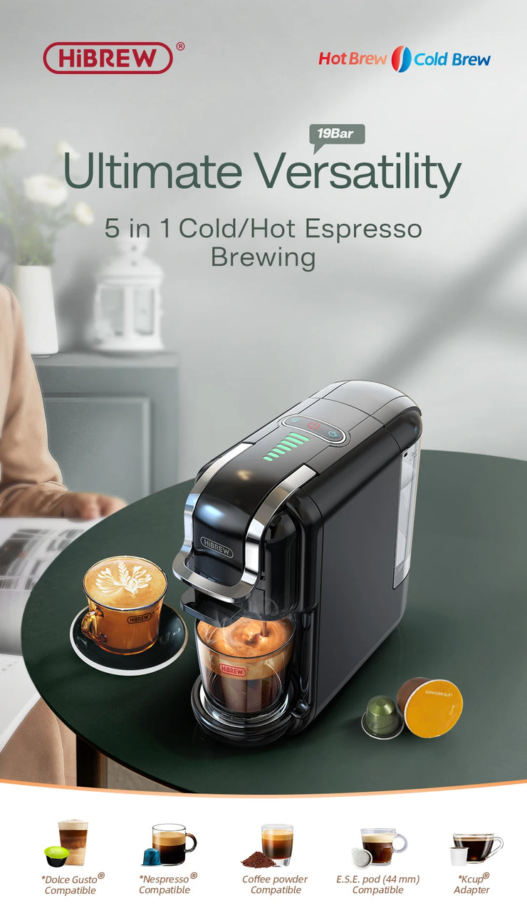 HiBREW Multiple Capsule Coffee Machine, Hot/Cold Dolce Gusto Milk Nespresso Capsule ESE Pod Ground Coffee Cafeteria 20Bar 5 in 1