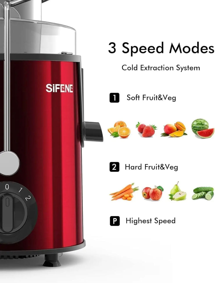 SiFENE 3" Big Mouth Centrifugal Juicer Extractor for Fruits & Vegetables, Compact Juicing Maker, Non-BPA, Easy to Clean, Red