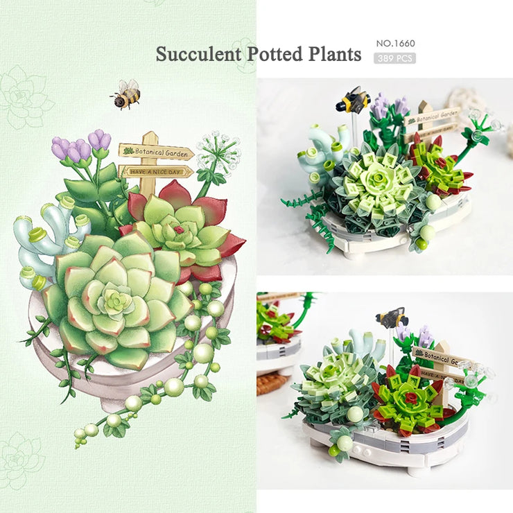 Mini Building Blocks Bouquet Cherry Blossom Succulent Potted Model Decoration DIY Assembled Flower Block Children's Toy Gift