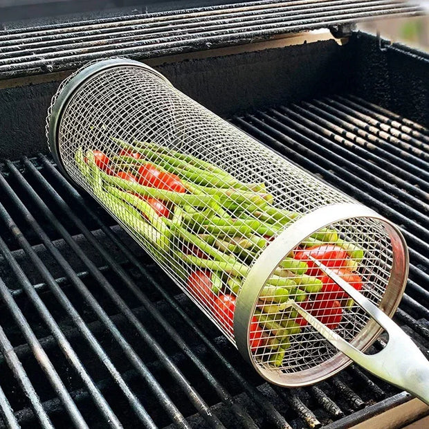 Round BBQ Basket Stainless Steel Rolling Grilling Basket Wire Mesh Cylinder Grill Basket Portable Outdoor Camping Barbecue Rack