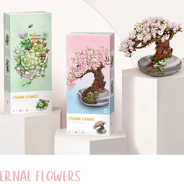 Mini Building Blocks Bouquet Cherry Blossom Succulent Potted Model Decoration DIY Assembled Flower Block Children's Toy Gift