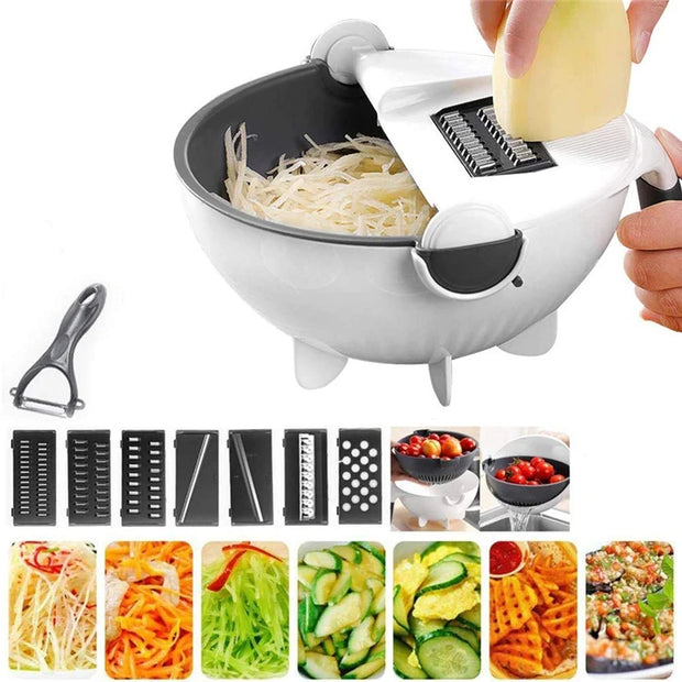 LMETJMA 9 in 1 Multifunctional Magic Rotate Vegetable Slicer with 2L Drain Basket Veggie Fruit Shredder Grater Slicer KC0291