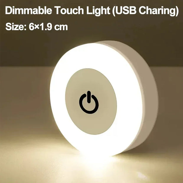 Mini LED Touch Sensor Night Lights USB Rechargeable Kitchen Bedroom Magnetic Base Wall Light Round Portable Dimming Night Lamp