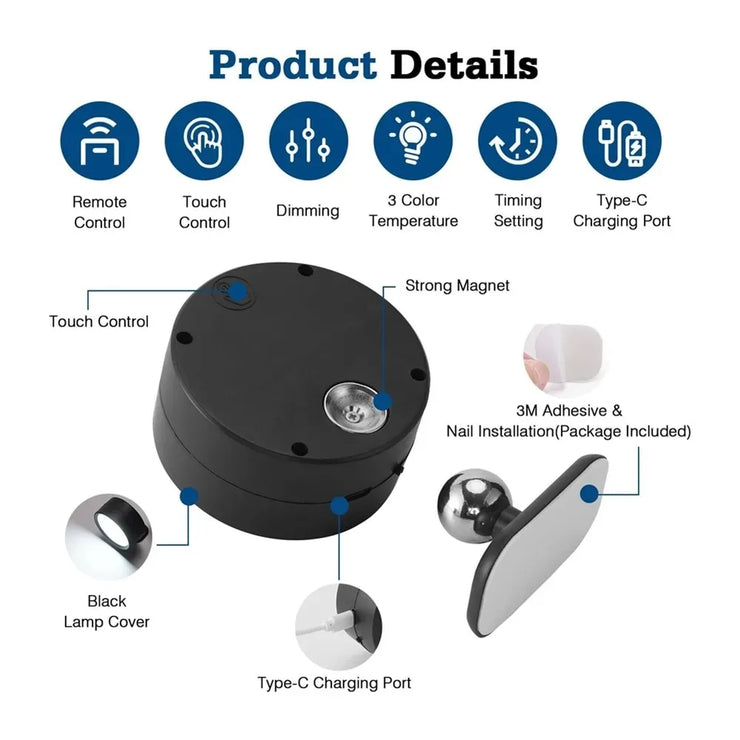 F5 LED Wall Mounted Lights with Remote Wireless Magnetic Wall Sconces 3 Color Dimmable USB Rechargeable Bedroom Bedside Light