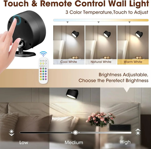 LED Wall Mounted Lights with Remote Wireless Magnetic Wall Sconces 3 Color Dimmable USB Rechargeable for Bedroom Bedside Light