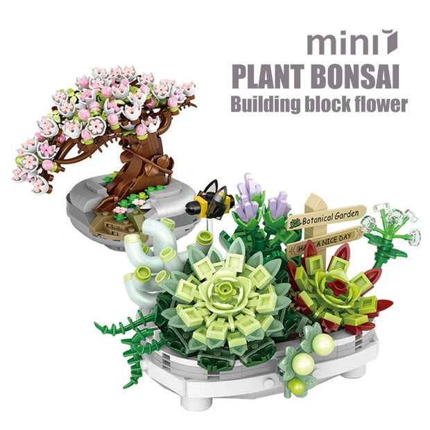 Mini Building Blocks Bouquet Cherry Blossom Succulent Potted Model Decoration DIY Assembled Flower Block Children's Toy Gift