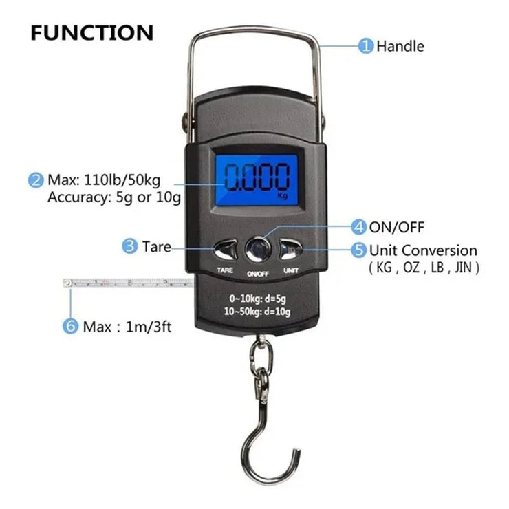 50kg Pocket Scale Weighing Electronic Balance Digital Fish Hook Hanging Fishing Measuring Tape Ruler Mini Luggage for Fishing