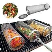 Round BBQ Basket Stainless Steel Rolling Grilling Basket Wire Mesh Cylinder Grill Basket Portable Outdoor Camping Barbecue Rack